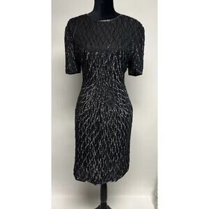 Vintage Beaded Black Dress Rainbow Iridescent sequin cocktail formal 10/12 Glam